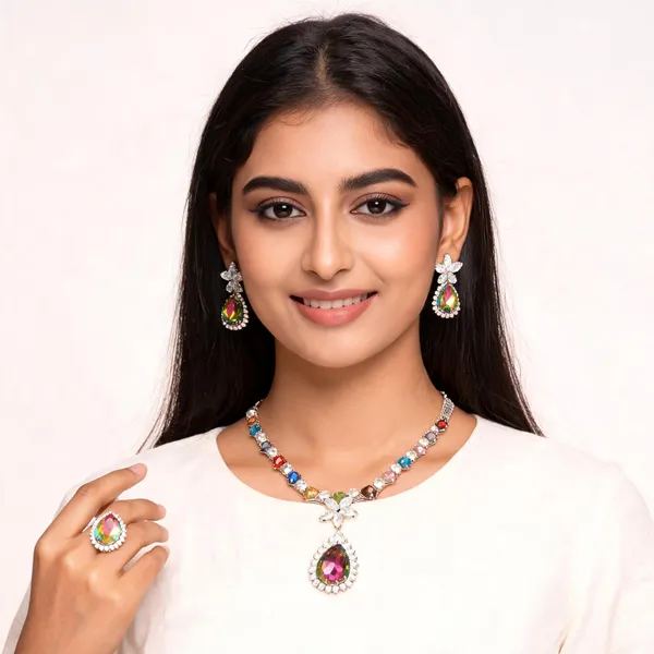 Stylish_Modern_Designer_Crystal_Drop_Shaped_3D_Flower_Designed_Multicolour_Korean_Glass_Studded_Necklace_Jewellery_Set_With_Finger_Ring