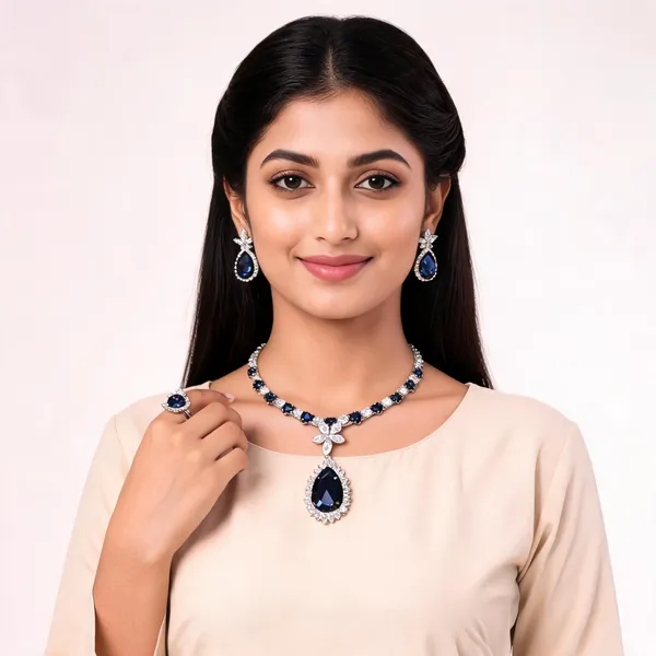 Stylish_Modern_Designer_Crystal_Drop_Shaped_3D_Flower_Designed_White_&_Royal_Blue_Korean_Glass_Studded_Necklace_Jewellery_Set_With_Finger_Ring