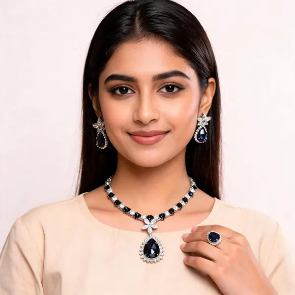 Stylish_Modern_Designer_Crystal_Drop_Shaped_3D_Flower_Designed_White_&_Royal_Blue_Korean_Glass_Studded_Necklace_Jewellery_Set_With_Finger_Ring