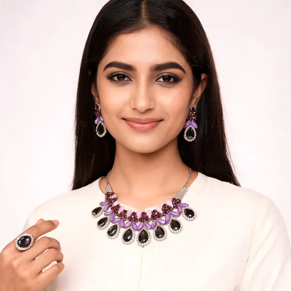 Stylish_Modern_Designer_Variety_Crystal_Drops_Shaped_White_&_Shades_Of_Purple_Korean_Glass_Studded_Necklace_Jewellery_Set_With_Finger_Ring