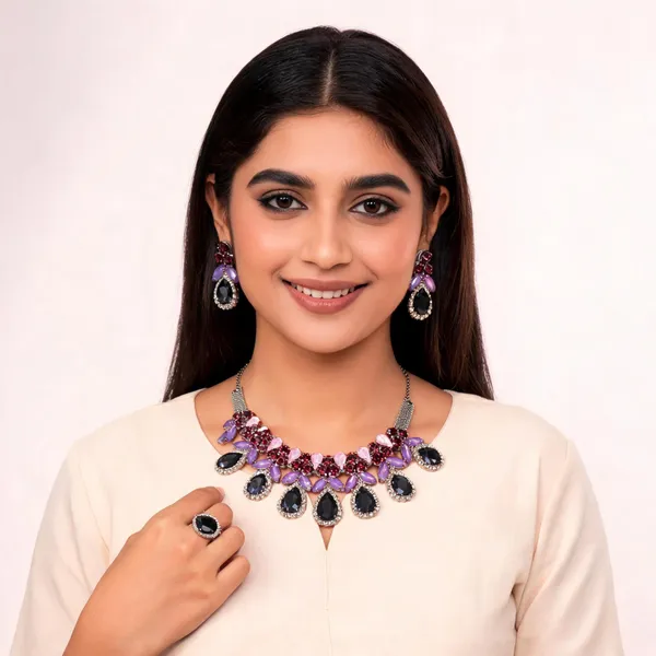 Stylish_Modern_Designer_Variety_Crystal_Drops_Shaped_White_&_Shades_Of_Purple_Korean_Glass_Studded_Necklace_Jewellery_Set_With_Finger_Ring