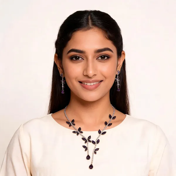 Stylish_Modern_Designer_Leafy_&_Butterfly_Shaped_&_Designed_Brinjal_Blue_&_Dazzling_White_Korean_Glass_Studded_Necklace_Jewellery_Set