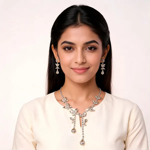 Stylish_Modern_Designer_Leafy_&_Butterfly_Shaped_&_Designed_Silver_&_Dazzling_White_Korean_Glass_Studded_Necklace_Jewellery_Set