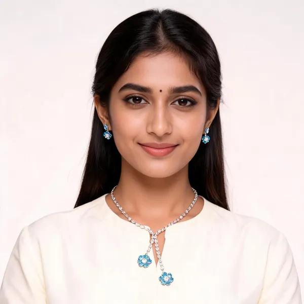Stylish_Modern_Designer_Flower_Designed_Bright_Cyan_Blue_&_Dazzling_White_Korean_Glass_Studded_Necklace_Jewellery_Set