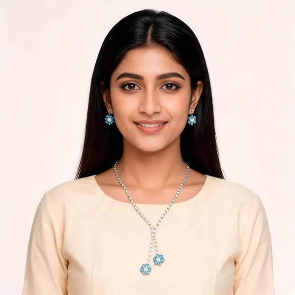 Stylish_Modern_Designer_Flower_Designed_Bright_Cyan_Blue_&_Dazzling_White_Korean_Glass_Studded_Necklace_Jewellery_Set