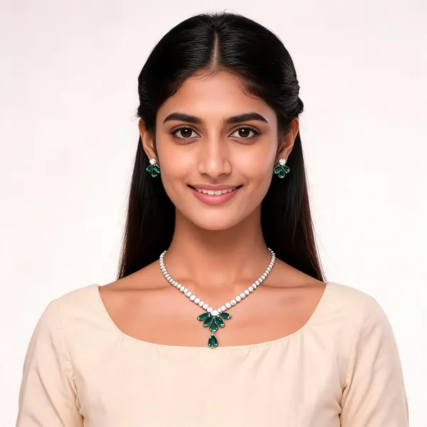 Stylish_Modern_Designer_Leafy_Drop_Designed_Emerald_Green_&_Dazzling_White_Korean_Glass_Studded_Necklace_Jewellery_Set