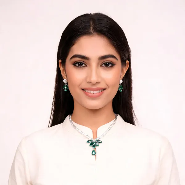 Stylish_Modern_Designer_Leafy_Drop_Designed_Emerald_Green_&_Dazzling_White_Korean_Glass_Studded_Necklace_Jewellery_Set