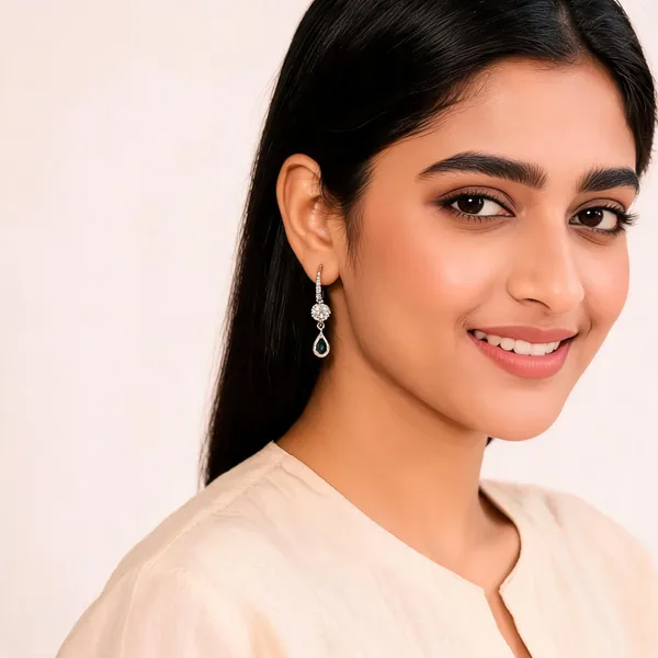 Stylish_Modern_Designer_White_Ad_Studded_Hook_Earrings_Set_With_A_Added_Vibe_Of_Laser_Green_Stone_Drop