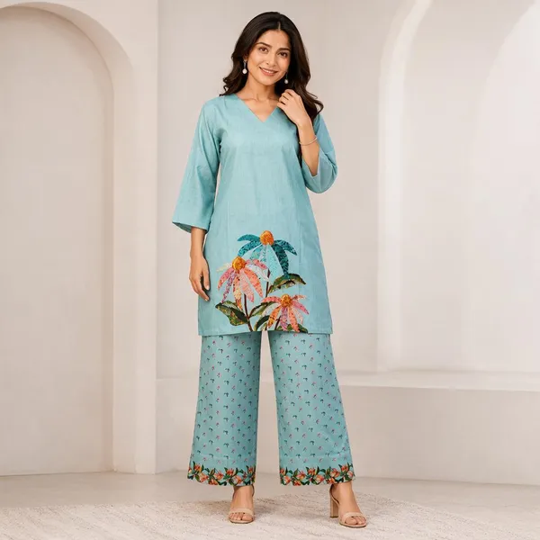 Premium_Linen_Aqua_Blue_Floral_Kurti_Trouser_Co-ord