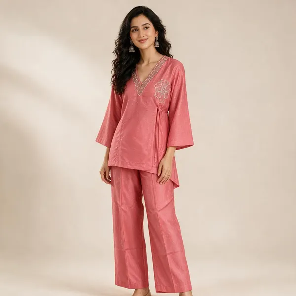 Mul_Chanderi_Coral_Pink_Stone_Embellished_Co-ord_Set