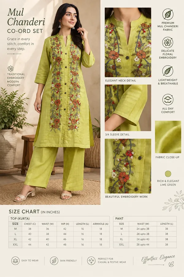 Mul_Chanderi_Lime_Green_Embroidered_Kurta_Pant_Co-ord