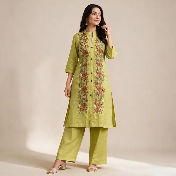 Mul_Chanderi_Lime_Green_Embroidered_Kurta_Pant_Co-ord