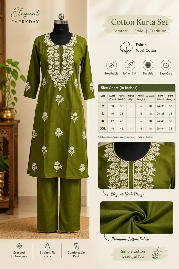 Cotton_Olive_Floral_Embroidered_Kurta_Pant_Set