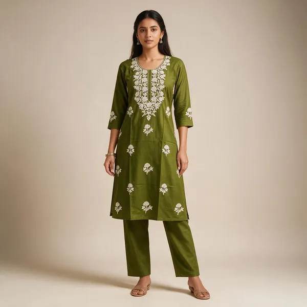 Cotton_Olive_Floral_Embroidered_Kurta_Pant_Set