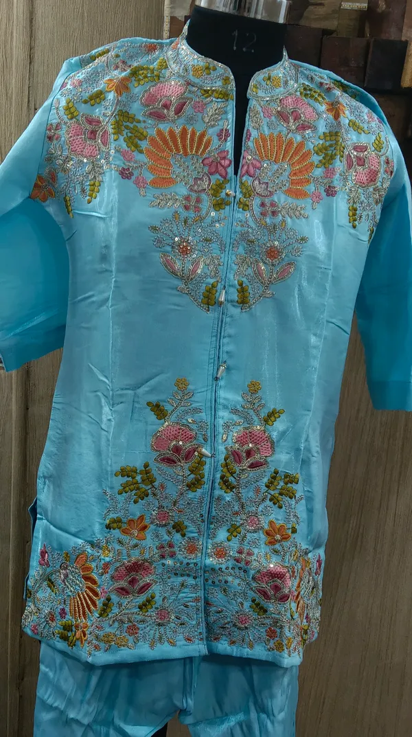Mul_Chanderi_Aqua_Blue_Embroidered_Kurta_Bottom_Co-ord