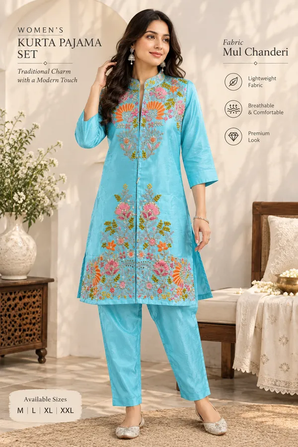 Mul_Chanderi_Aqua_Blue_Embroidered_Kurta_Bottom_Co-ord