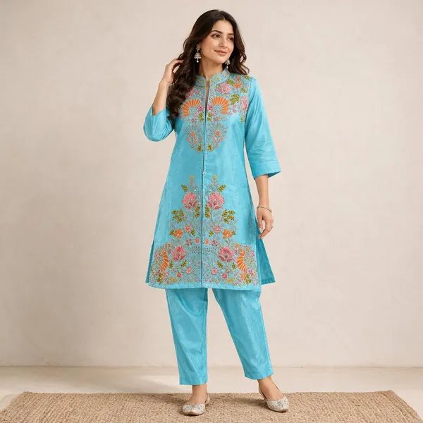 Mul_Chanderi_Aqua_Blue_Embroidered_Kurta_Bottom_Co-ord