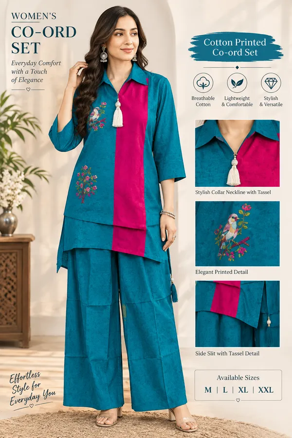Cotton_Teal_Pink_Bird_Floral_Print_Co-ord_Set