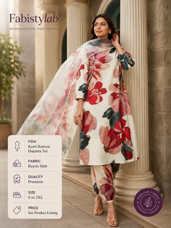 Rayon_Slub_Ivory_Floral_Kurti_3-Piece_Set