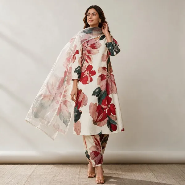 Rayon_Slub_Ivory_Floral_Kurti_3-Piece_Set