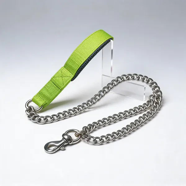 Green_Nylon_Handle_Metal_Chain_Dog_Leash