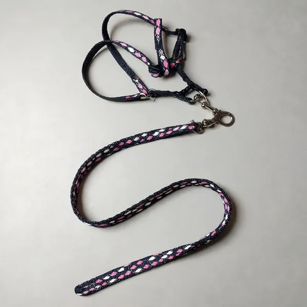 Blue_Nylon_Diamond_Print_Dog_Harness_And_Leash_Set_-_Pack_of_3