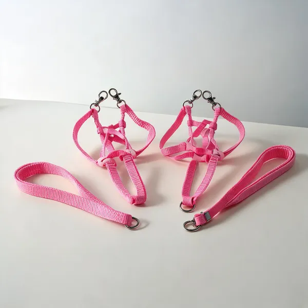 Pink_Nylon_Dog_Harness_And_Leash_Collar_Set_-_Pack_of_2