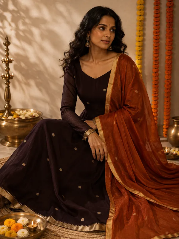 Brown_Handloom_Cotton_Flared_Anarkali_Kurta_Set_For_Women