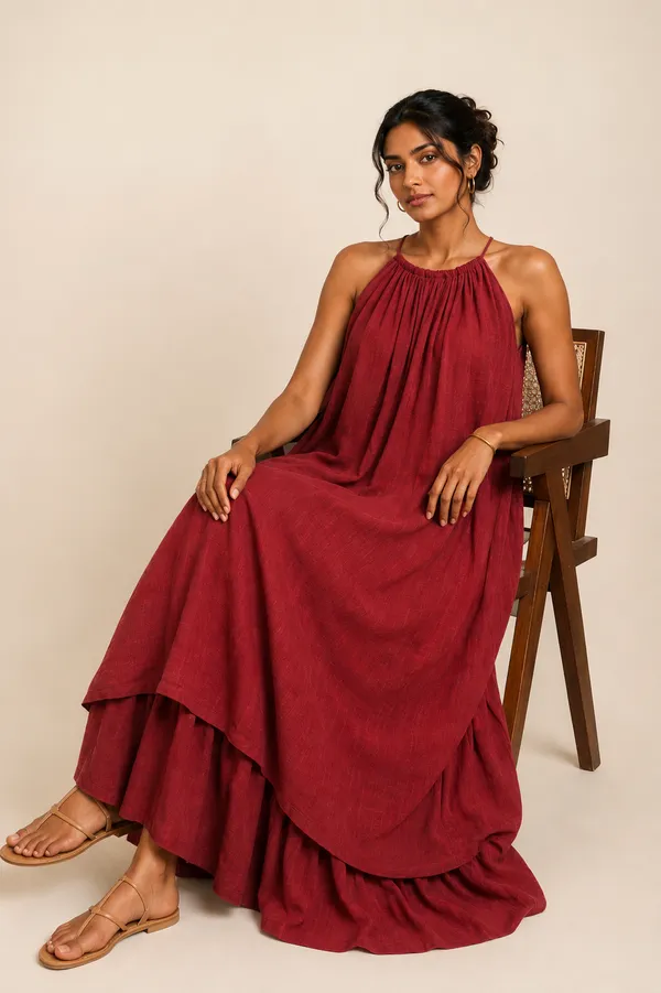 Maroon_Cotton_Halter_Neck_Layered_Maxi_Dress_For_Women