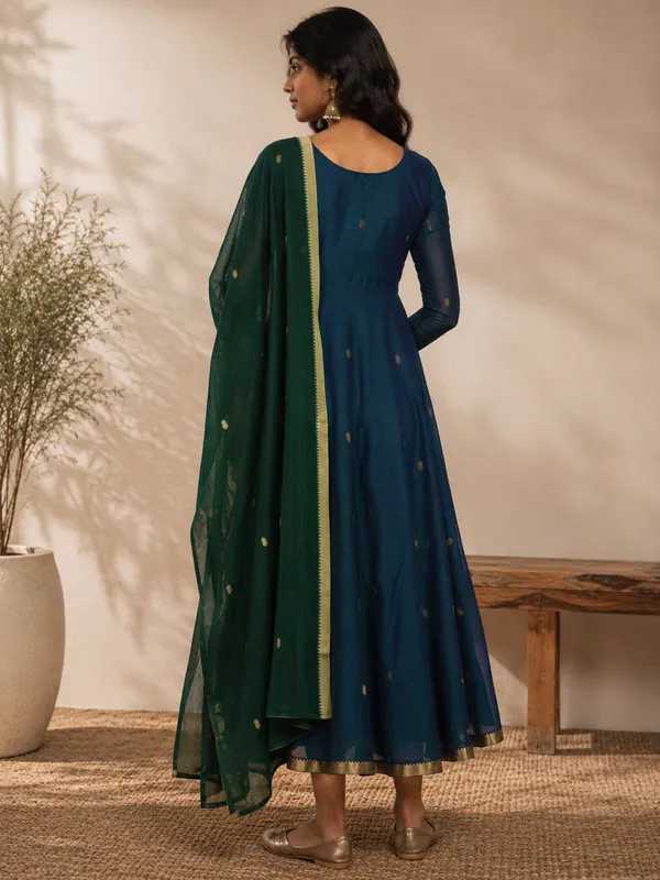 Blue_And_Green_Handloom_Cotton_Anarkali_Kurta_Set_For_Women