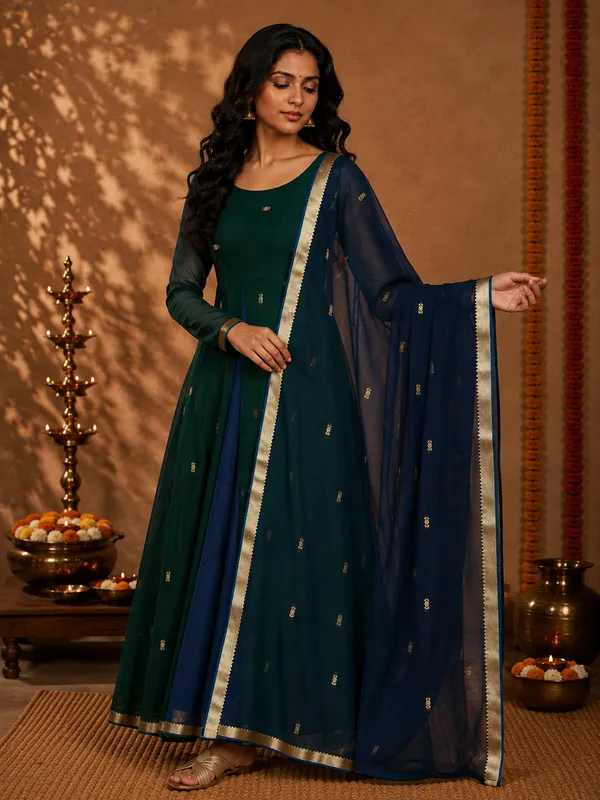Green_And_Navy_Blue__Handloom_Cotton_Flared_Anarkali_Suit_Set_For_Women