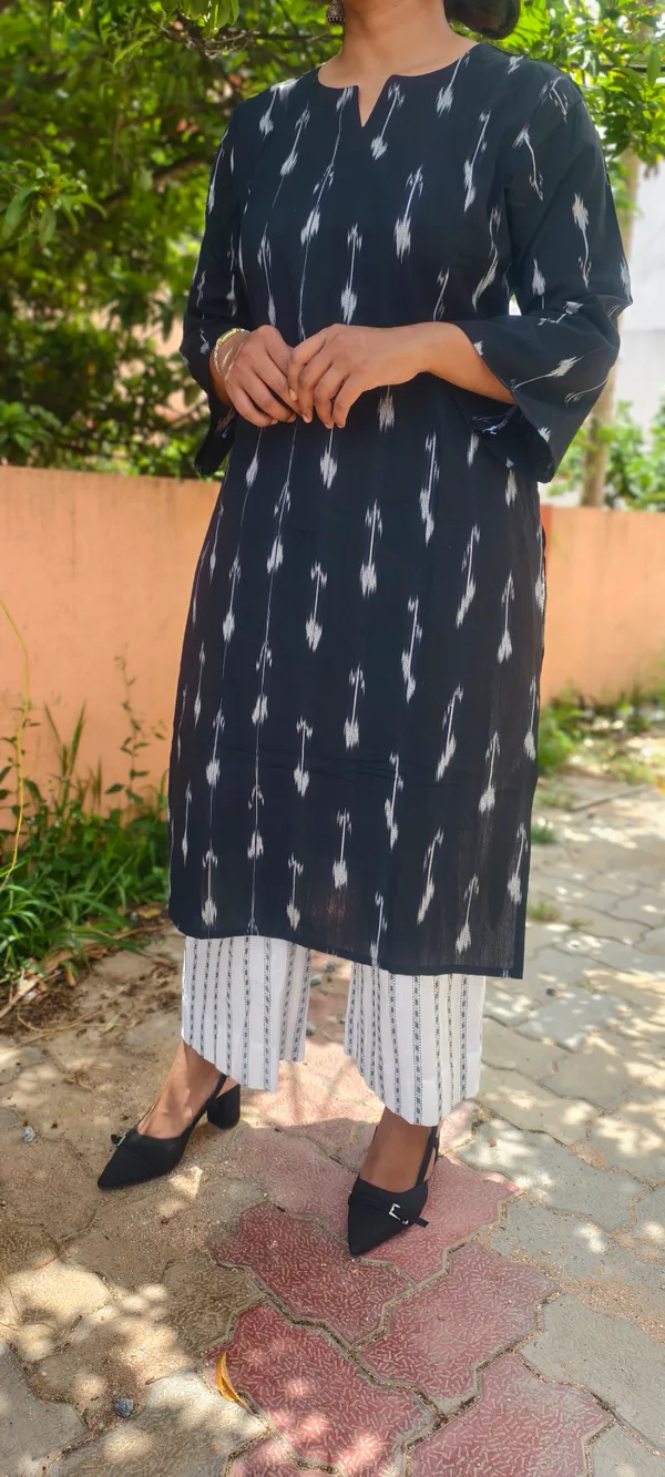 Black_Ikkat_Handloom_Cotton_Straight_Kurta_Set_For_Women