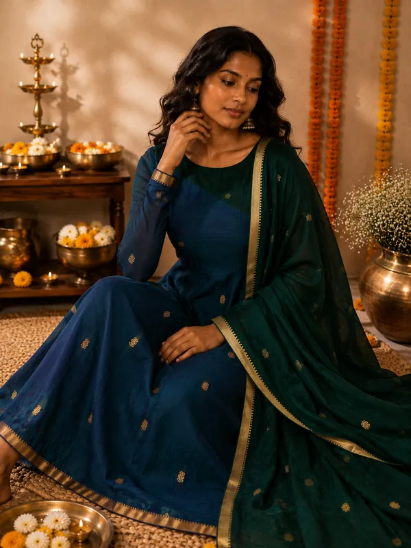 Blue_And_Green_Handloom_Cotton_Anarkali_Kurta_Set_For_Women