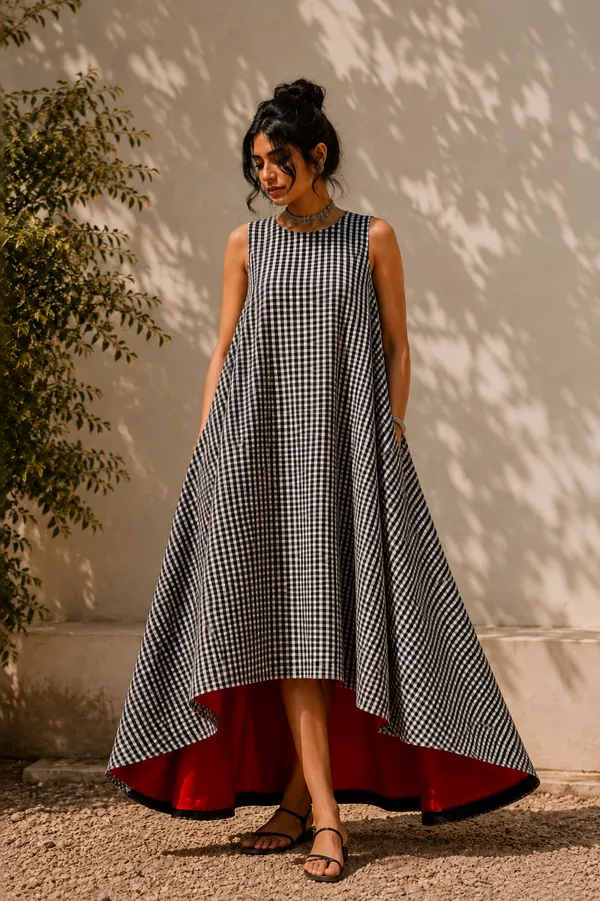 Black_Handloom_Cotton_Sleeveless_Gingham_A-Line_Dress_For_Women