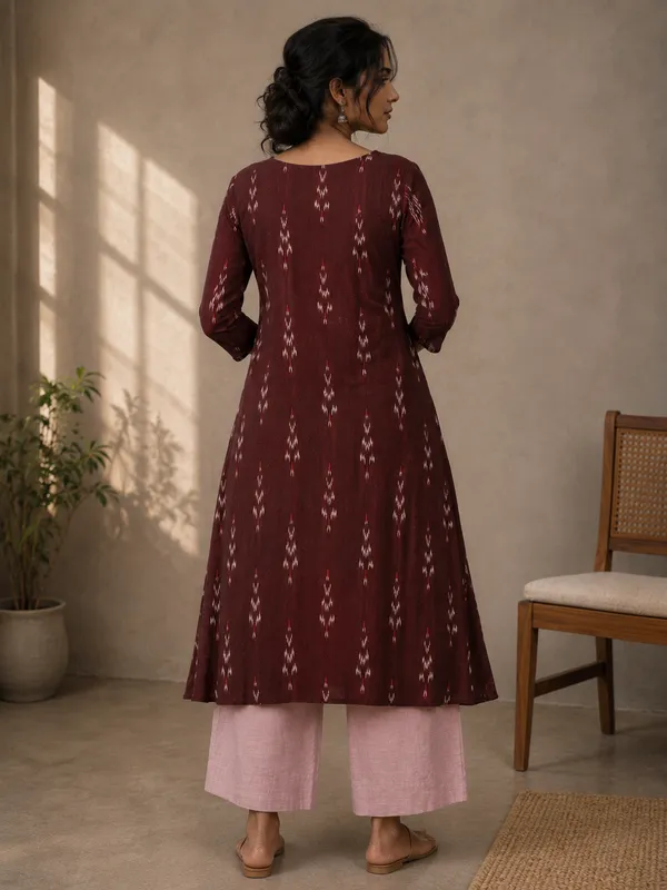 Maroon_Ikkat_Handloom_Cotton_A-Line_Kurta_Set_For_Women