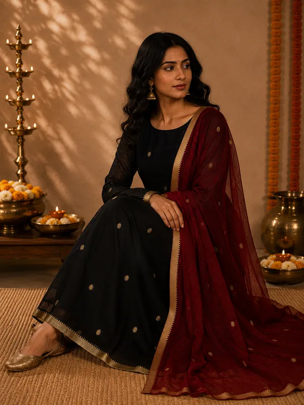 Black_Handloom_Cotton_Flared_Anarkali_Kurta_Set_For_Women