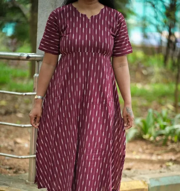 Maroon_Ikkat_Handloom_Cotton_A-Line_Striped_Kurta_Set_For_Women