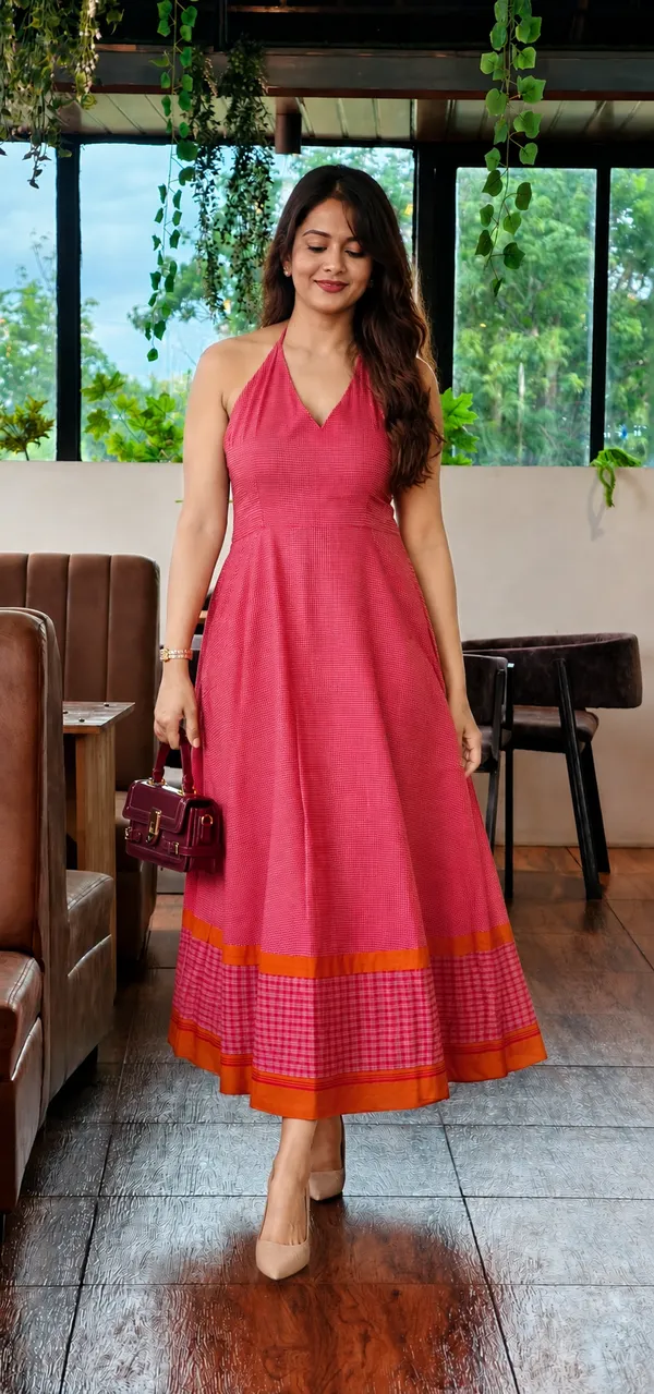 Red_And_Yellow_Ilkal_Handloom_Cotton_Flared_Halter_Neck_Dress_For_Women