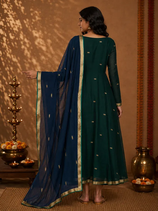 Green_And_Navy_Blue__Handloom_Cotton_Flared_Anarkali_Suit_Set_For_Women