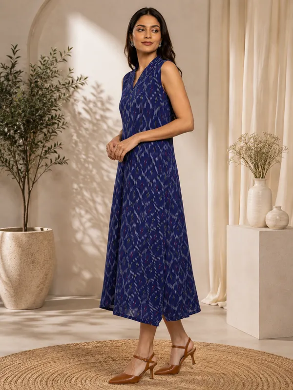 Indigo_Blue_Ikkat_Handloom_Cotton_Sleeveless_Pleated_Dress_For_Women