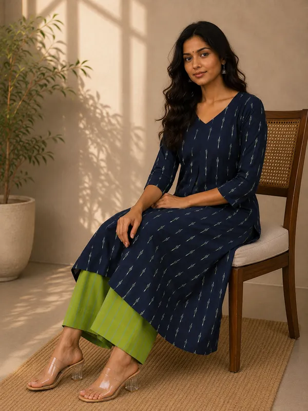 Navy_Blue_Ikkat_Handloom_Cotton_Flared_Kurta_Set_For_Women