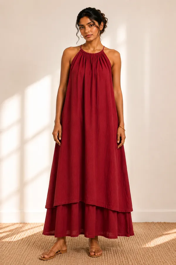 Maroon_Cotton_Halter_Neck_Layered_Maxi_Dress_For_Women
