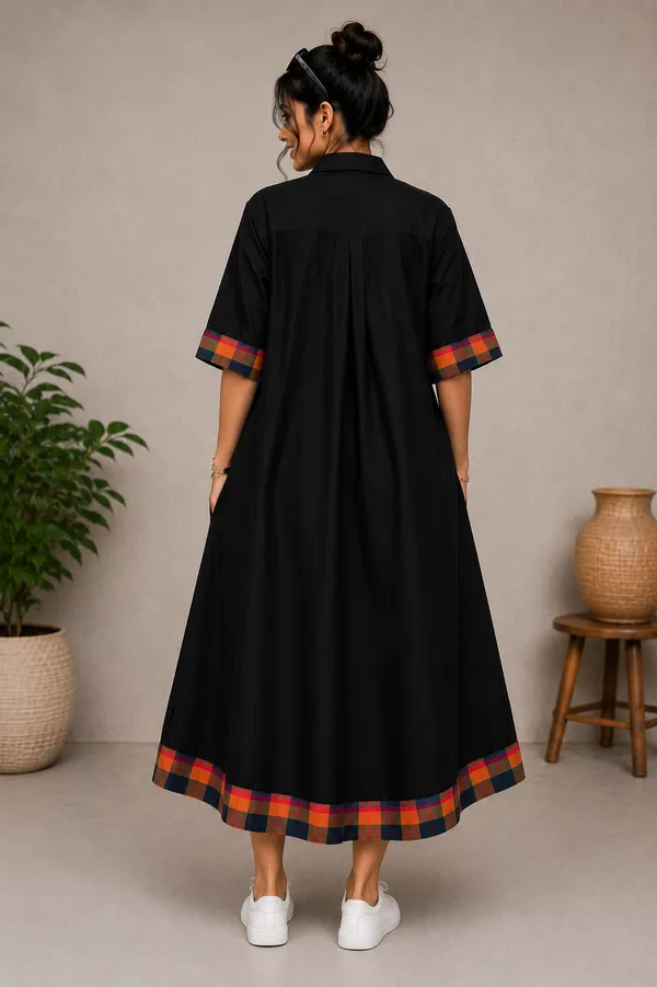Black_Handloom_Cotton_Relaxed_Fit_Plaid_Trim_Shirt_Dress_For_Women