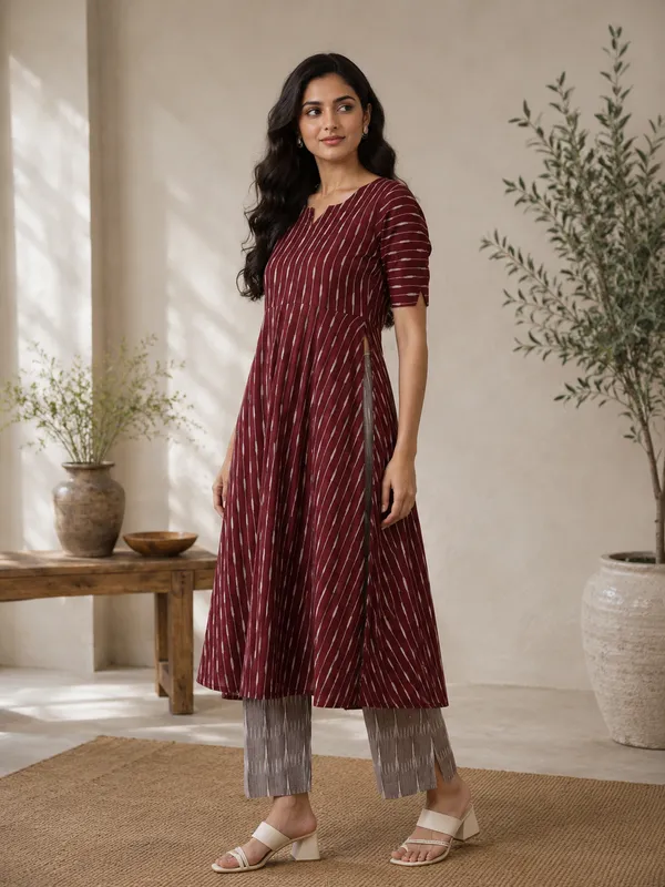 Maroon_Ikkat_Handloom_Cotton_A-Line_Striped_Kurta_Set_For_Women