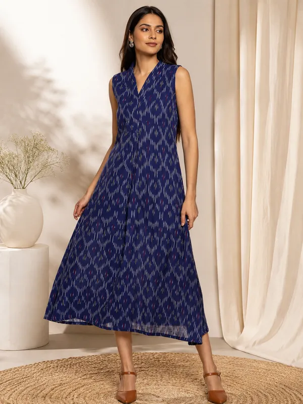 Indigo_Blue_Ikkat_Handloom_Cotton_Sleeveless_Pleated_Dress_For_Women