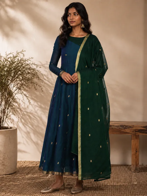 Blue_And_Green_Handloom_Cotton_Anarkali_Kurta_Set_For_Women