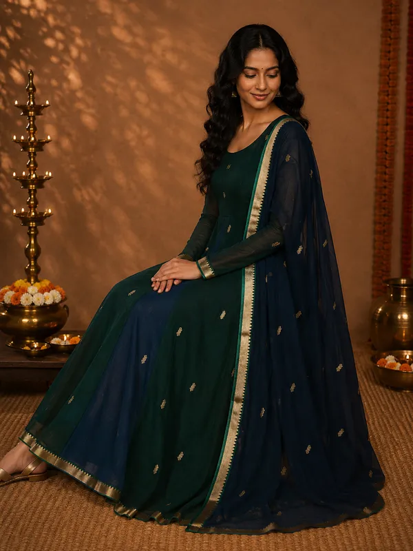 Green_And_Navy_Blue__Handloom_Cotton_Flared_Anarkali_Suit_Set_For_Women