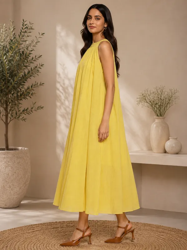 Yellow_Cotton_Sleeveless_A-Line_Pleated_Dress_For_Women