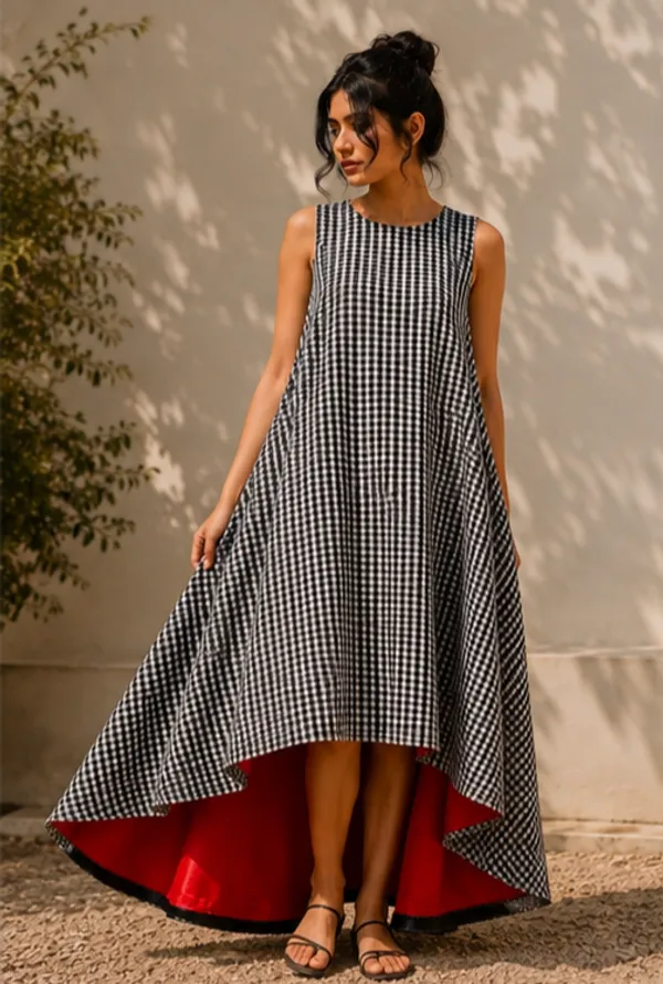 Black_Handloom_Cotton_Sleeveless_Gingham_A-Line_Dress_For_Women