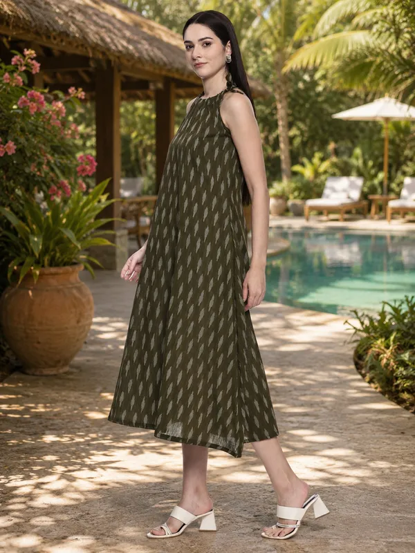 Olive_Ikkat_Handloom_Cotton_A-Line_Halter_Midi_Dress_For_Women